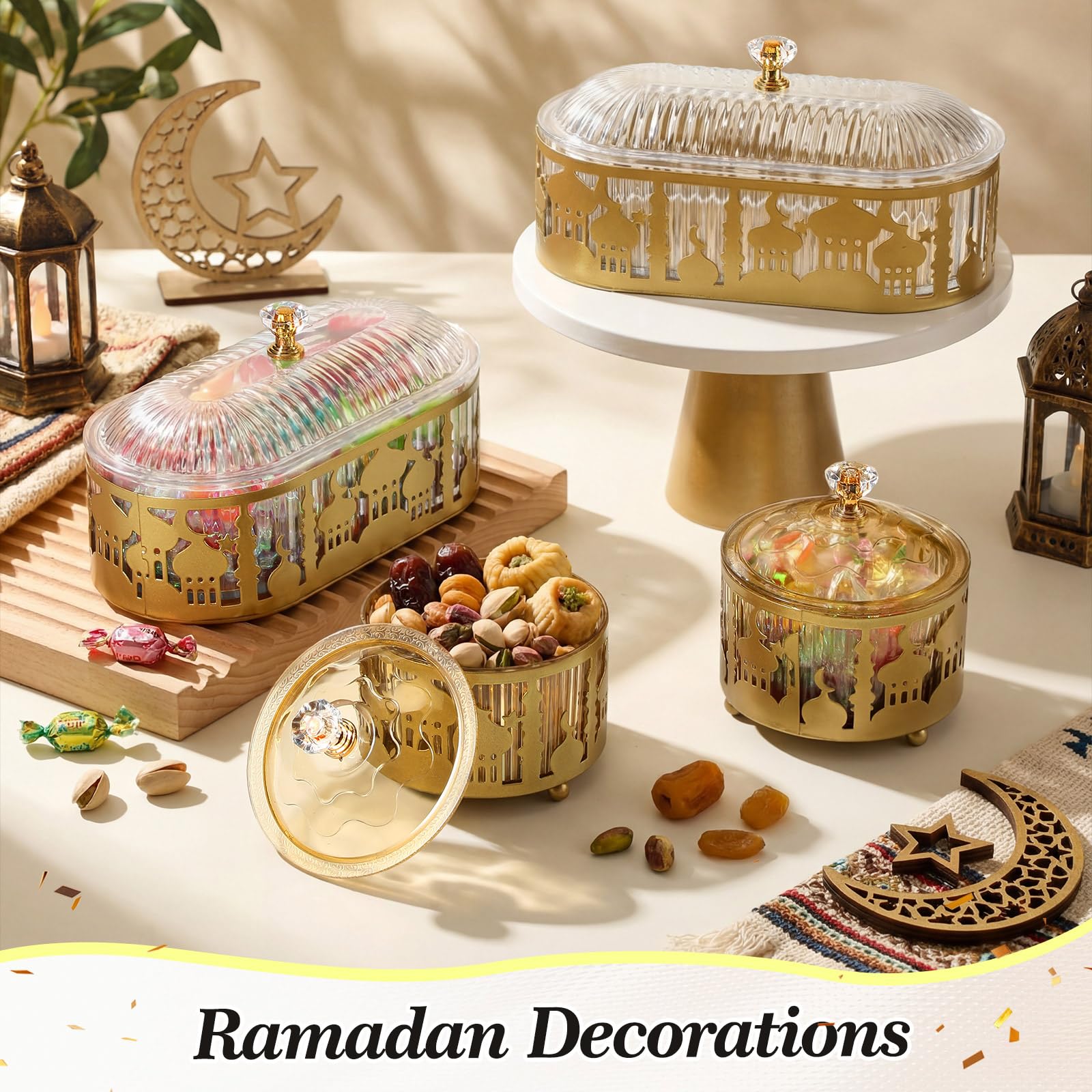 Otoolling 4 Pcs Ramadan Trays with Lid Gold Eid Mubarak Tray Plates Ramadan Moon Candy Dish Table Decorations Food Serving Tray Islam Muslim Al-fitr Cookie Storage Container for Eid Party Supplies