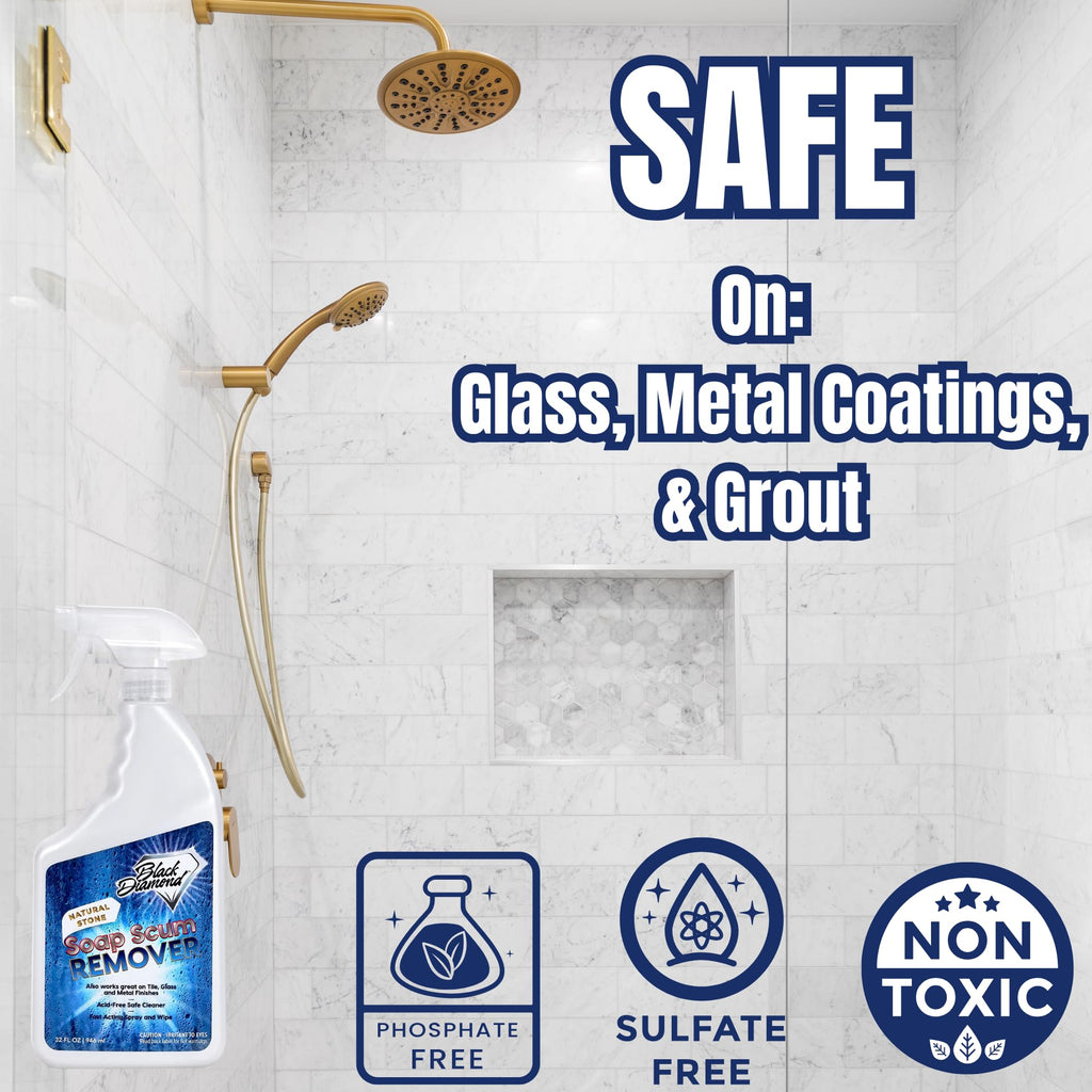 Black Diamond Stoneworks Natural Stone Shower Soap Scum Remover Spray. For Cleaning Bathtubs, Glass Doors, Tubs, Travertine, Marble, Tile. Heavy Duty, Safe Acid-Free Cleaner. Safe for fixtures.