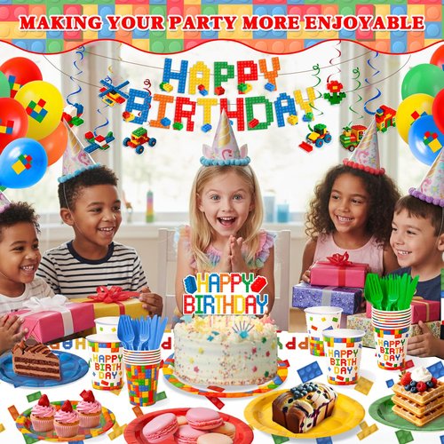 197 Pcs Building Blocks Birthday Paper Plates Tableware Set (Serves 24), Colorful Blocks Supplies Include Banner Pendant Plates Napkins Cups Forks Knives Tablecloth Topper Balloons For Kids Party