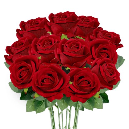 uehdydh 12 Pcs Red Roses Artificial Flowers, Real Touch Fake Velvet Flowers with Stems in Bulk for DIY Home Decor, Wedding, Party, Mother's/Valentine's Day Gifts