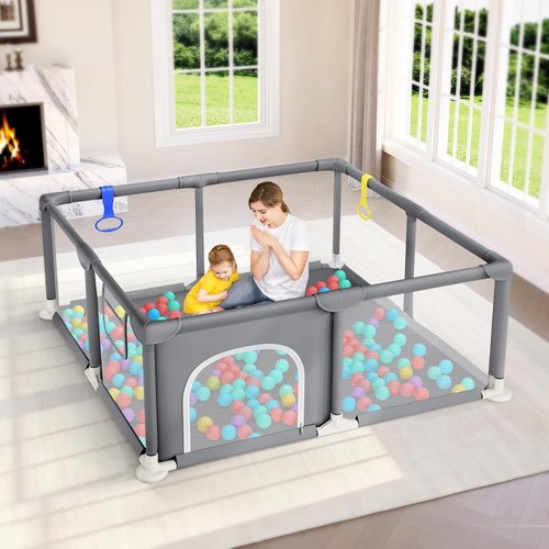 Dripex Baby Playpen - 47"x47" Safe Indoor & Outdoor Play Yard with Soft Mesh & Easy Setup - Grey