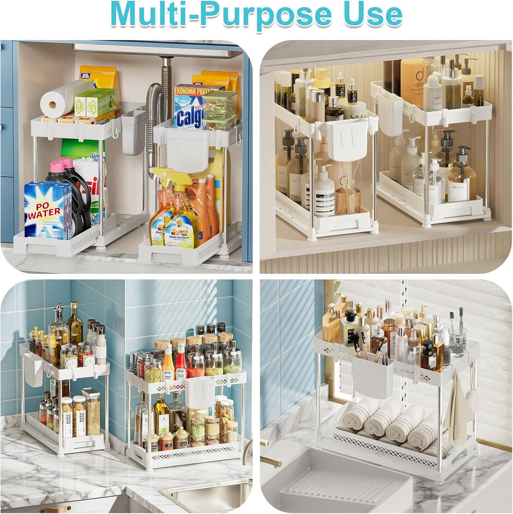 Under Kitchen Sink Organizer - 2-Tier Multi-Purpose Storage for Kitchen & Bathroom | White, 2 Pack