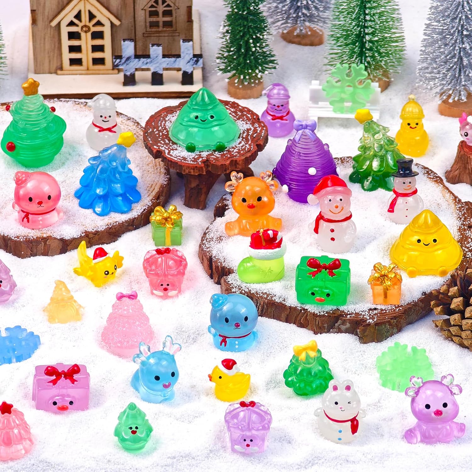 Skiennix Luminous Mini Christmas Figurines - 52 Pcs Glow in The Dark Resin Snowman Decor for Holiday Crafts