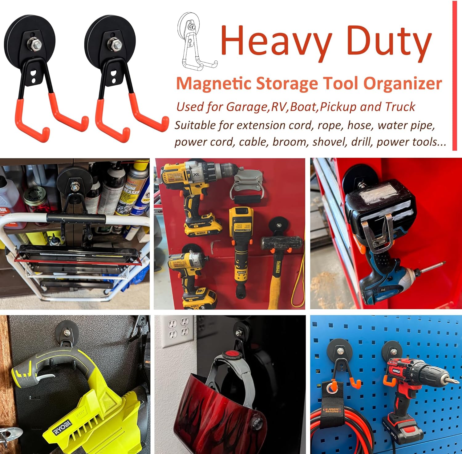 ULIBERMAGNET Heavy Duty Magnetic Garage Hooks - 6 Pack Strong Hooks for Tools & Storage | Orange