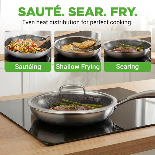 NutriChef 12" Stainless Steel Frying Pan with Lid- Triply Hybrid Large Skillet, Scratch-resistant Raised-up Honeycomb Fire Textured Pattern, Oven & DIshwasher Safe, NC3PL12