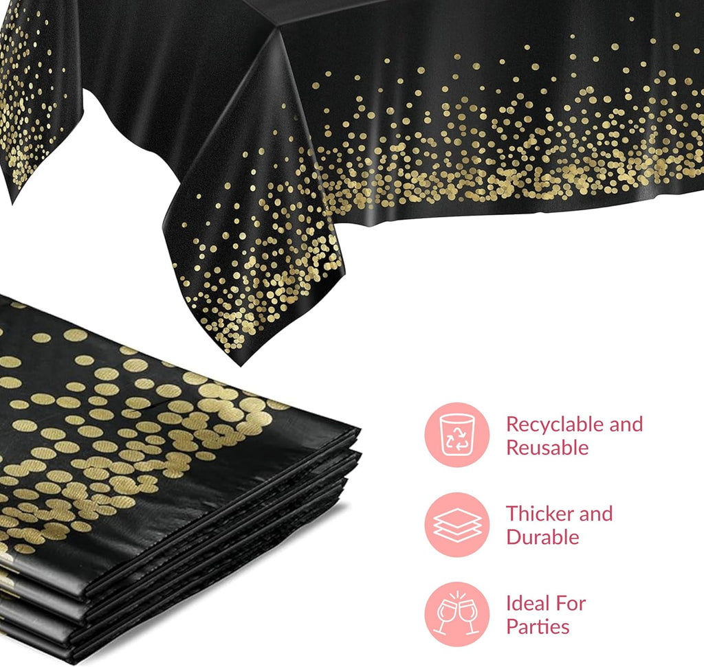 Prestee Gold & Black Rectangle Table Covers | 4 Pack Disposable Plastic Tablecloths - 54 x 108 Inches for Parties & Events