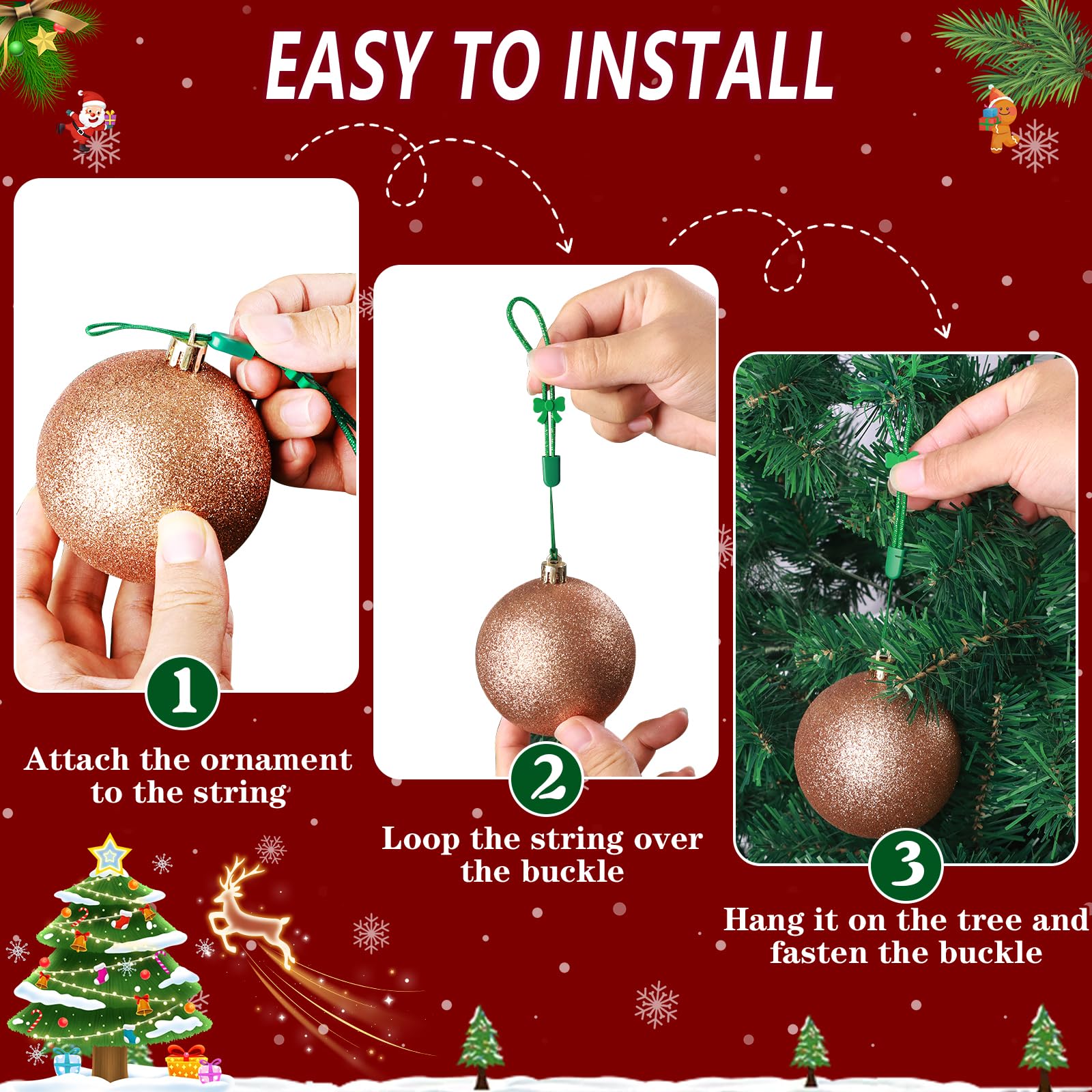 36 Pcs Adjustable Christmas Ornament Hooks, No-Slip Cat Child Proof Ornament Hangers String for Hanging Christmas Tree Decorations, Strong Accessorie for Small & Large Ornaments(Shiny Green)