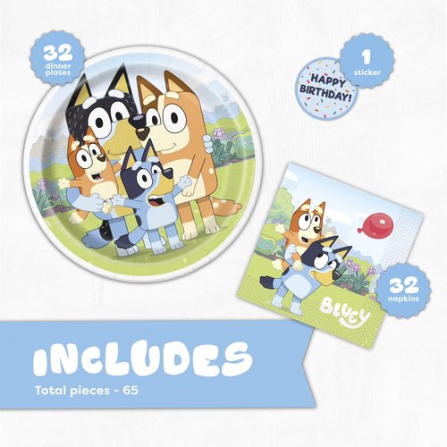 Bluey Plates and Napkins for 32 Guests | Bluey Birthday Decorations for Party | Officially Licensed
