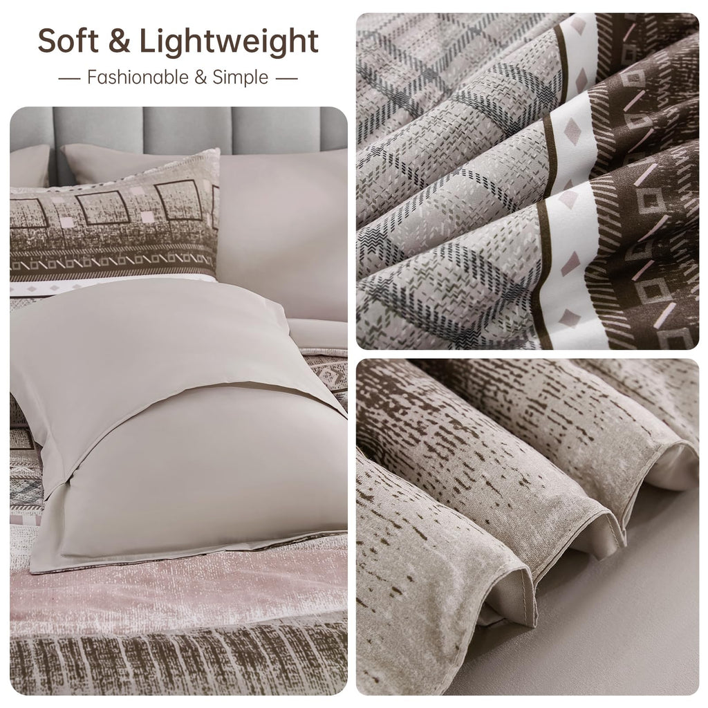 WONGS BEDDING Queen Size Comforter Set 8 Piece, Texture Striped Bed in a Bag Brown Comforter and Sheet Set, Boho Lightweight Microfiber Bedding Set for All Season (90"×90")