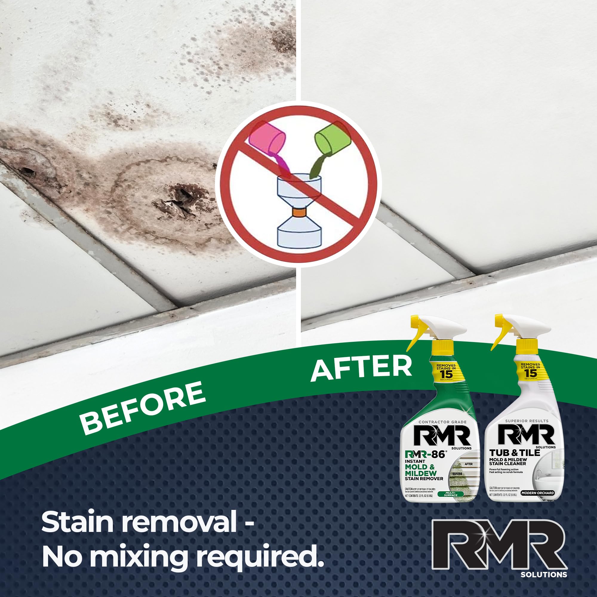 RMR Mold Stain Eraser Max Pack – No-Scrub Tub & Tile Cleaner + Instant Mold & Mildew Stain Remover Spray, Indoor/Outdoor Bathroom, Shower, Siding, & Deck Cleaning Kit, 2–32 Oz Bottles