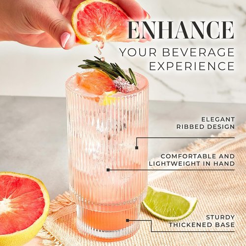 Kitchen Lux Ribbed Drinking Glasses - Ribbed Glass Cups 12 oz - Ribbed Glassware Set of 12 - Textured Vintage Retro Ripple Aesthetic Glass Ware for Whiskey Cocktail Beer Water, Coffee Bar Accessories