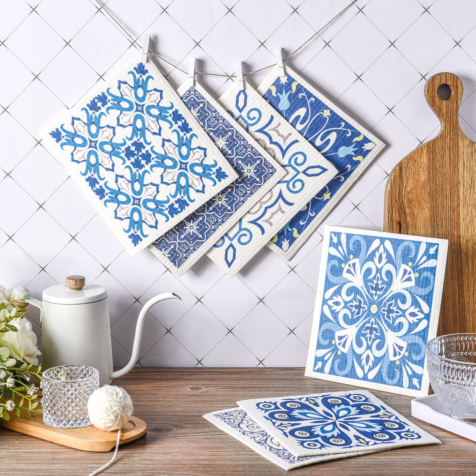 WILLBOND 9 Pieces Blue Style Swedish Kitchen Dishcloths Reusable Absorbent Hand Towels Sponge Cloth for Baking Cooking Kitchen Home Decoration Housewarming Gift
