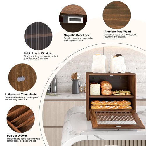 Alpeir Wooden Bread Box for Kitchen Countertop, Large Capacity with Ventilation Holes Adjustable Tiered-Shelf, Vintage Farmhouse Breadbox with Drawer & Window, Longer Freshness, Retro Brown