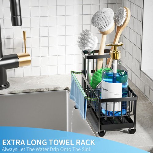 Cisily Kitchen Sink Caddy Organizer - Rustproof 304 Stainless Steel with High Brush Holder | Black, 9.25”
