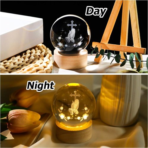 3D Crystal Crossing Hands Prayer Ball - LED Base Christian Night Light | 2.36-Inch Glass Cross Decor