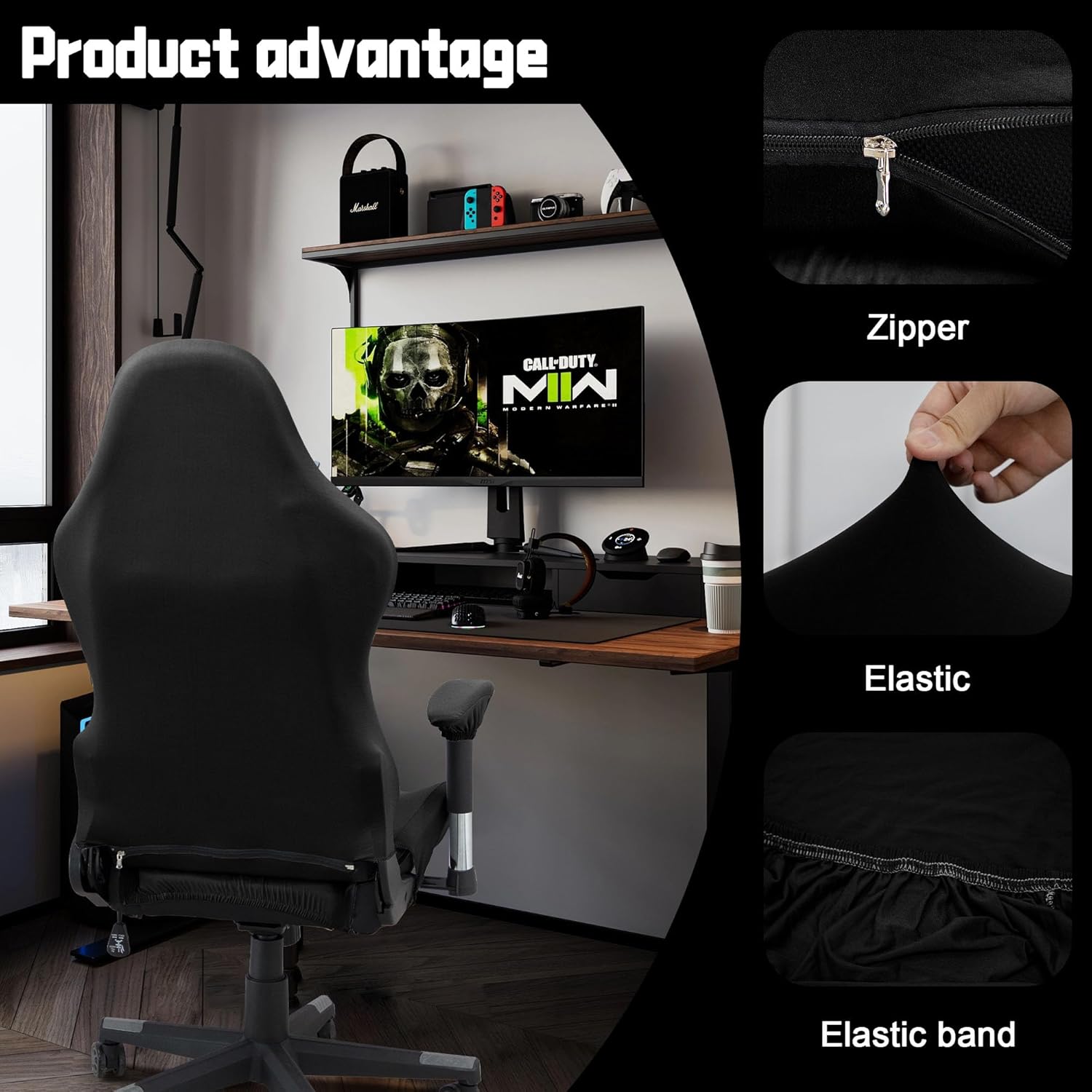 BIETYONE Gaming Chair Cover - Stretchable Ergonomic Slipcover for Cat Scratch Protection | Black