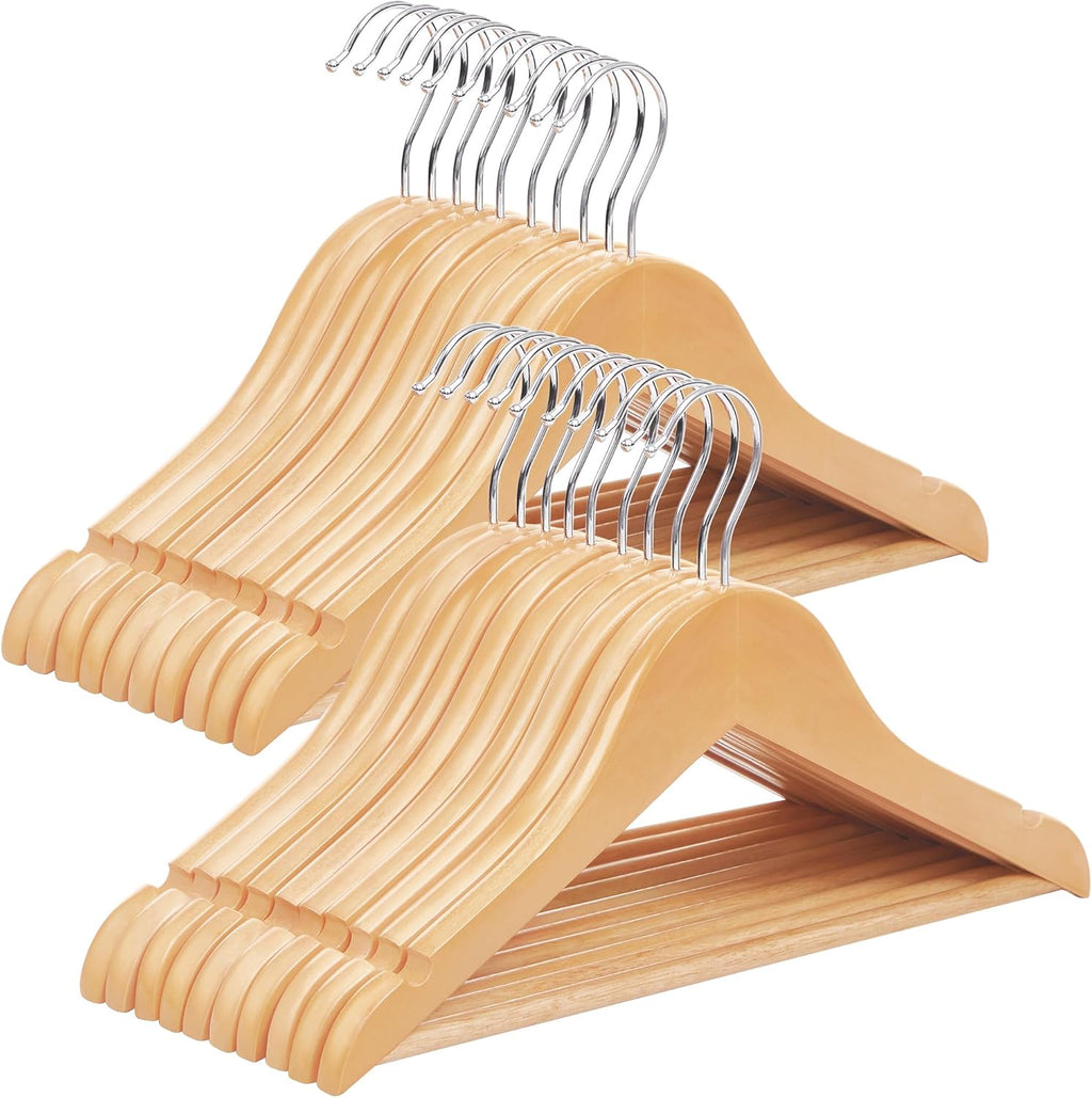 SONGMICS Kids Wooden Hangers - 20 Pack Solid Wood Baby Hangers with Pants Bar & Swivel Hooks | 12.6 x 7.5 Inches, Natural/Silver