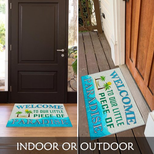 Supwhd Beach Door Mat, Coastal Beach Welcome Mat, Beach Decor for Room House, Nautical Door Mat, Coastal Bathroom Kitchen Decor, Welcome to Our Little Piece of Paradise 17x30 in