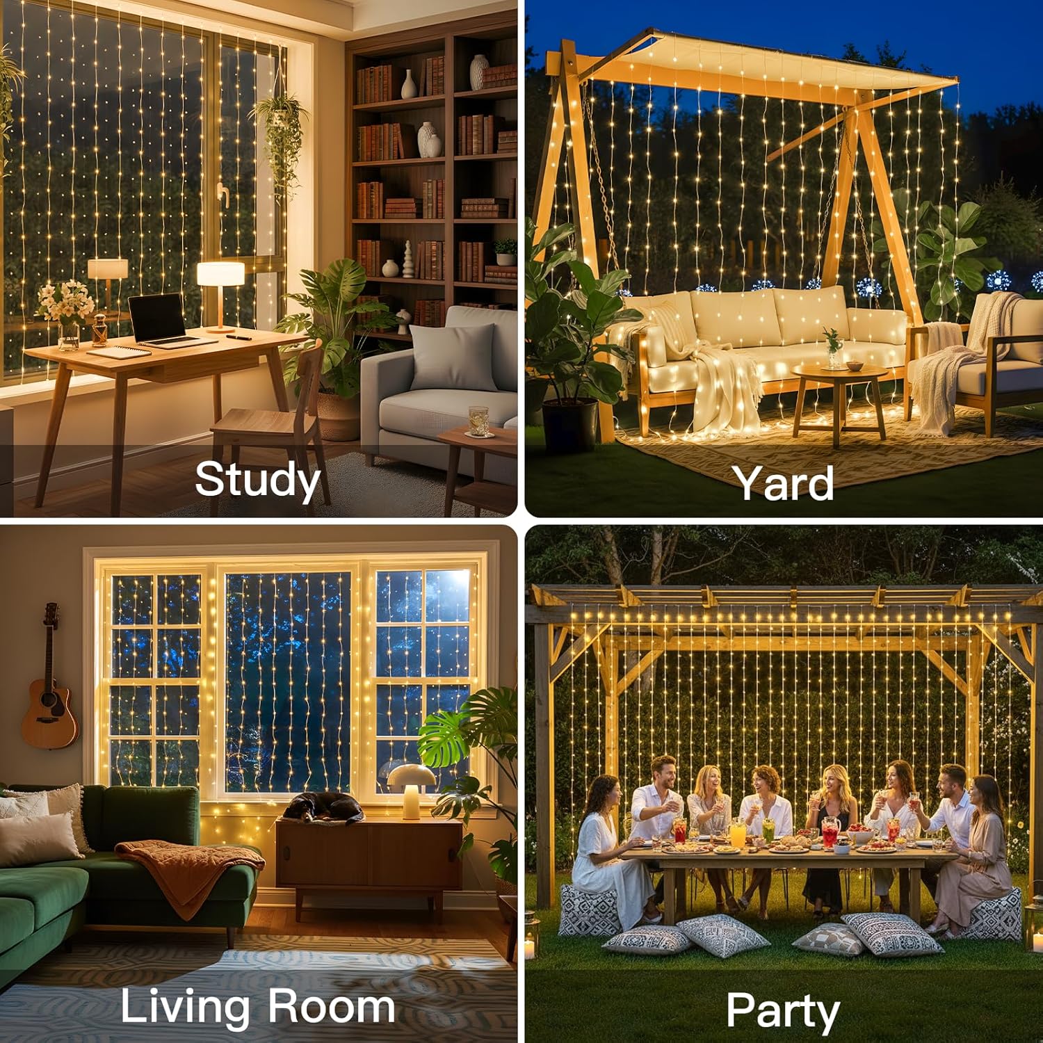 Suddus Tangle-Free Curtain Lights - 200 LED Warm White Hanging Lights | 6.5x6.5ft for Bedroom, Wedding & Party Decor
