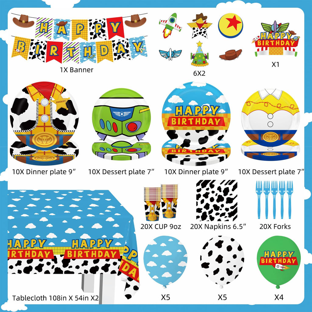 130pcs Story Birthday Party Decorations Tableware Set for 20 Guests Include Banner, Cupcake Topper, Cake Topper,Paper Plates,Napkins and Cups,Plastic Tablecloth and Forks,Latex Balloons