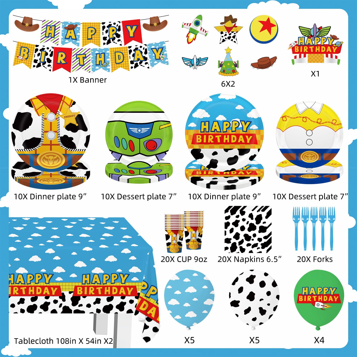 130pcs Story Birthday Party Decorations Tableware Set for 20 Guests Include Banner, Cupcake Topper, Cake Topper,Paper Plates,Napkins and Cups,Plastic Tablecloth and Forks,Latex Balloons