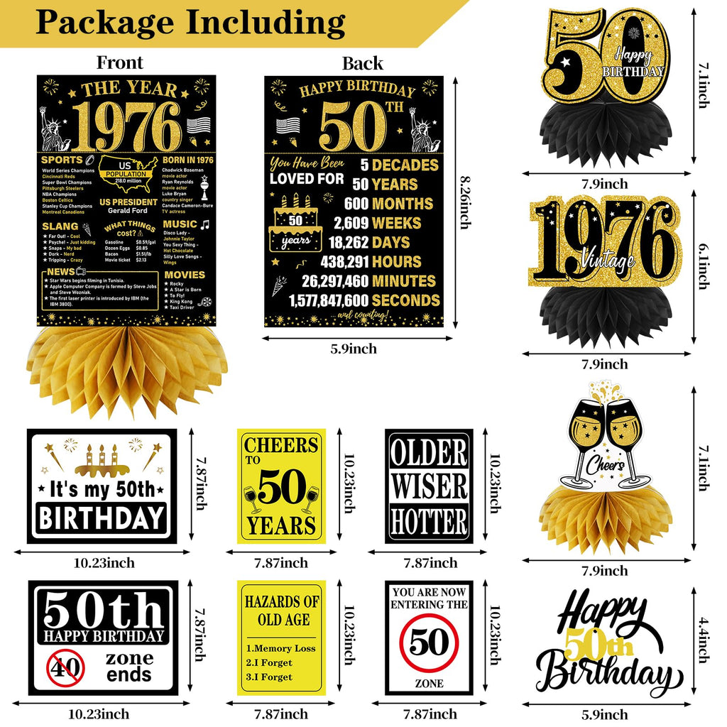 Turypaty 1976 50th Birthday Decorations for Men Women, Black Gold Happy 50 Years Old Birthday Banner Backdrop Wall Sign Balloons Sash Table Cake Topper Honeycomb Centerpieces Paper Fans Party Supplies