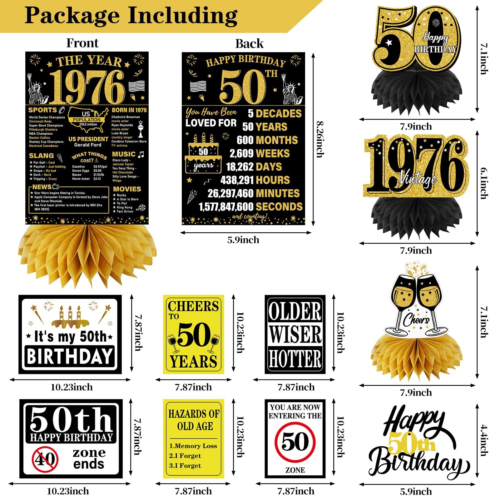 Turypaty 1976 50th Birthday Decorations for Men Women, Black Gold Happy 50 Years Old Birthday Banner Backdrop Wall Sign Balloons Sash Table Cake Topper Honeycomb Centerpieces Paper Fans Party Supplies