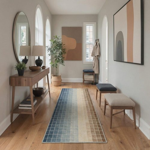 Bavni Runner Rugs - Machine Washable Non-Slip Low Pile | Grid Print Pattern, Blue & Brown, 2x5 ft