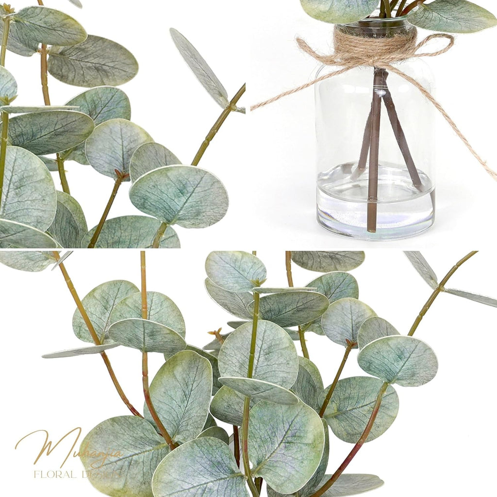 Muhanjia Artificial Eucalyptus Stems - 3Pcs Faux Green Leaves in Glass Vase with Faux Water | Perfect Centerpiece