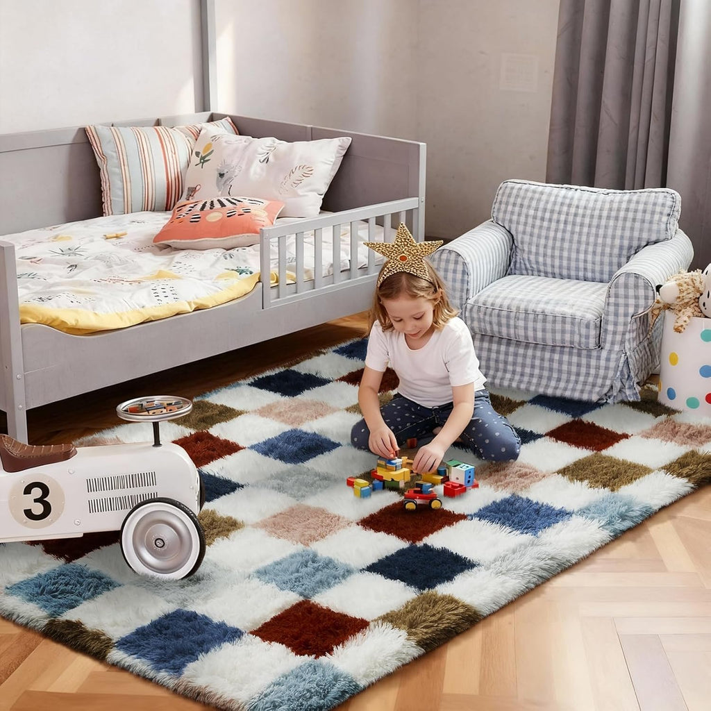 Ophanie Checkered Rainbow Rug - Colorful Fluffy Shag Area Rug for Living Room & Bedroom | 4x6 Furry Carpet