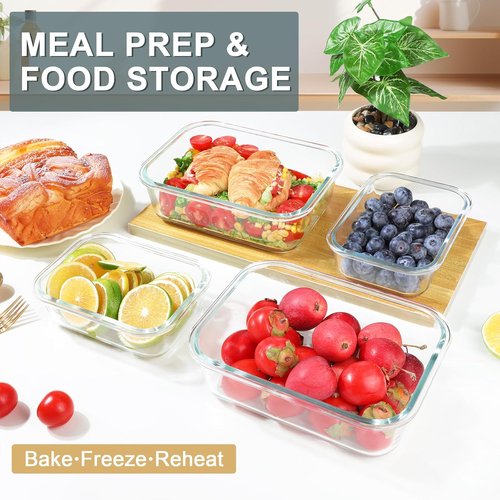 KOMUEE Large Glass Food Storage Containers Set - 4 Pack, Airtight & BPA-Free, Ideal for Meal Prep