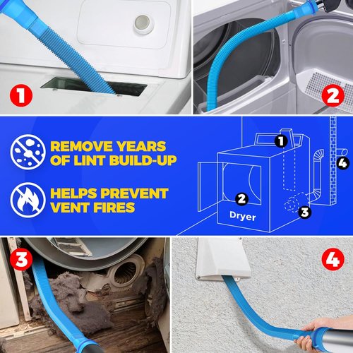 Holikme Dryer Vent Cleaner Kit - 2-Piece Lint Removal Brush Set | Compatible with Most Vacuums, Blue