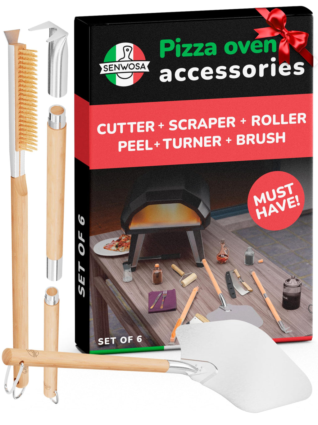 Senwosa Pizza Oven Accessories Set - 3 Piece Pizza Making Kit with Pizza Peel, Pizza Oven & Stone Brush with Scraper, Turning Fork & Bubble Popper - Tools for Indoor Outdoor Brick Wood Gas Ovens