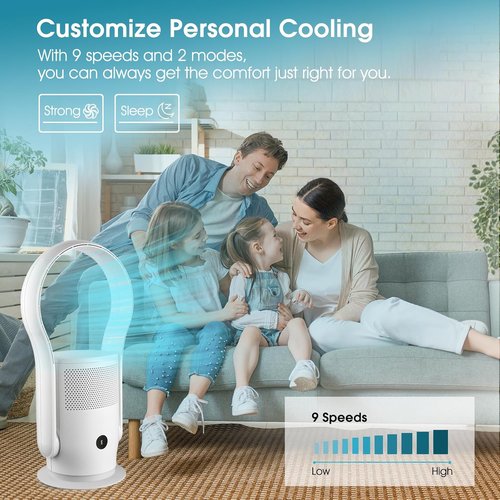 Bladeless Tower Fan - HEPA Filter, 80° Oscillation, Remote Control, 9 Speeds | White