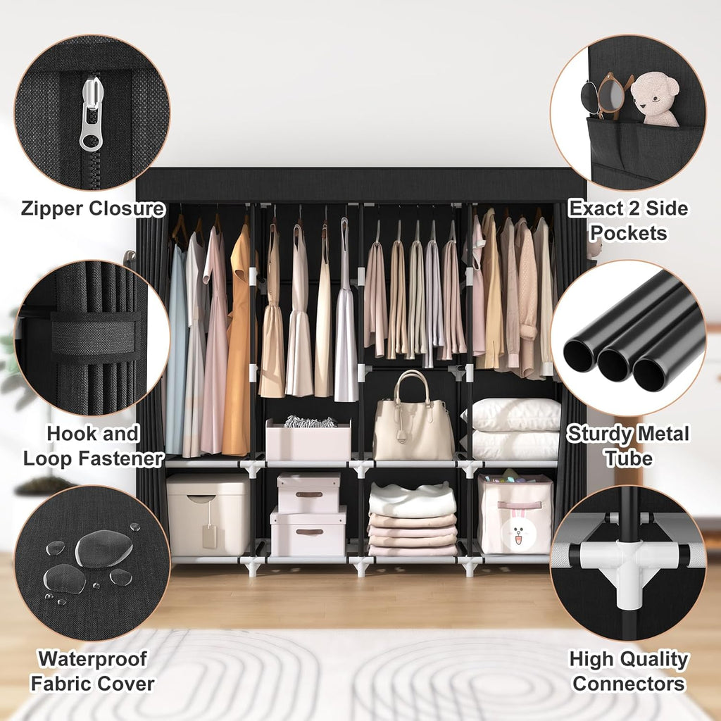 VTRIN Portable Closet - 67 Inch Wide Wardrobe with Cover, 4 Shelves & 4 Hanging Rods - Sturdy Black Design