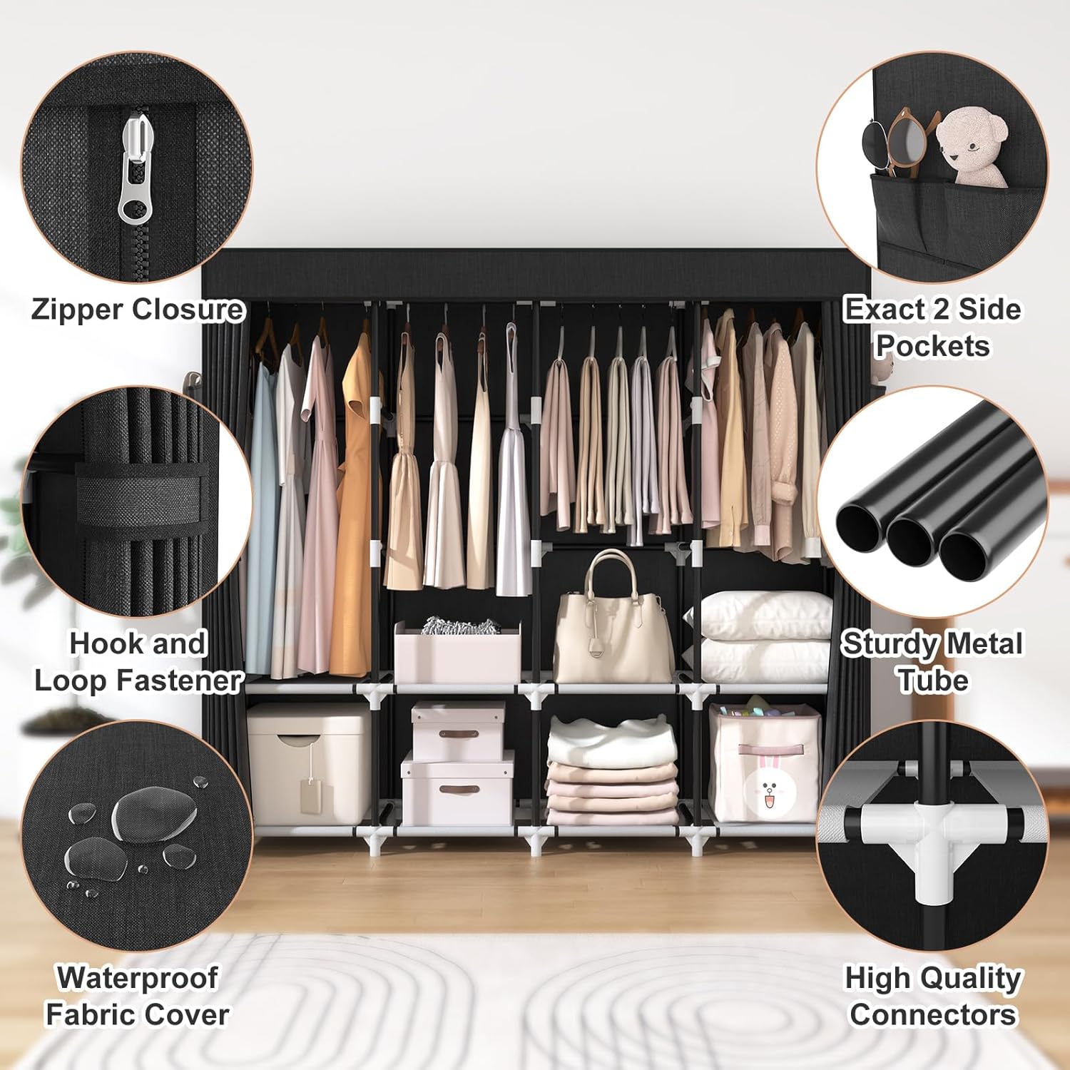 VTRIN Portable Closet - 67 Inch Wide Wardrobe with Cover, 4 Shelves & 4 Hanging Rods - Sturdy Black Design
