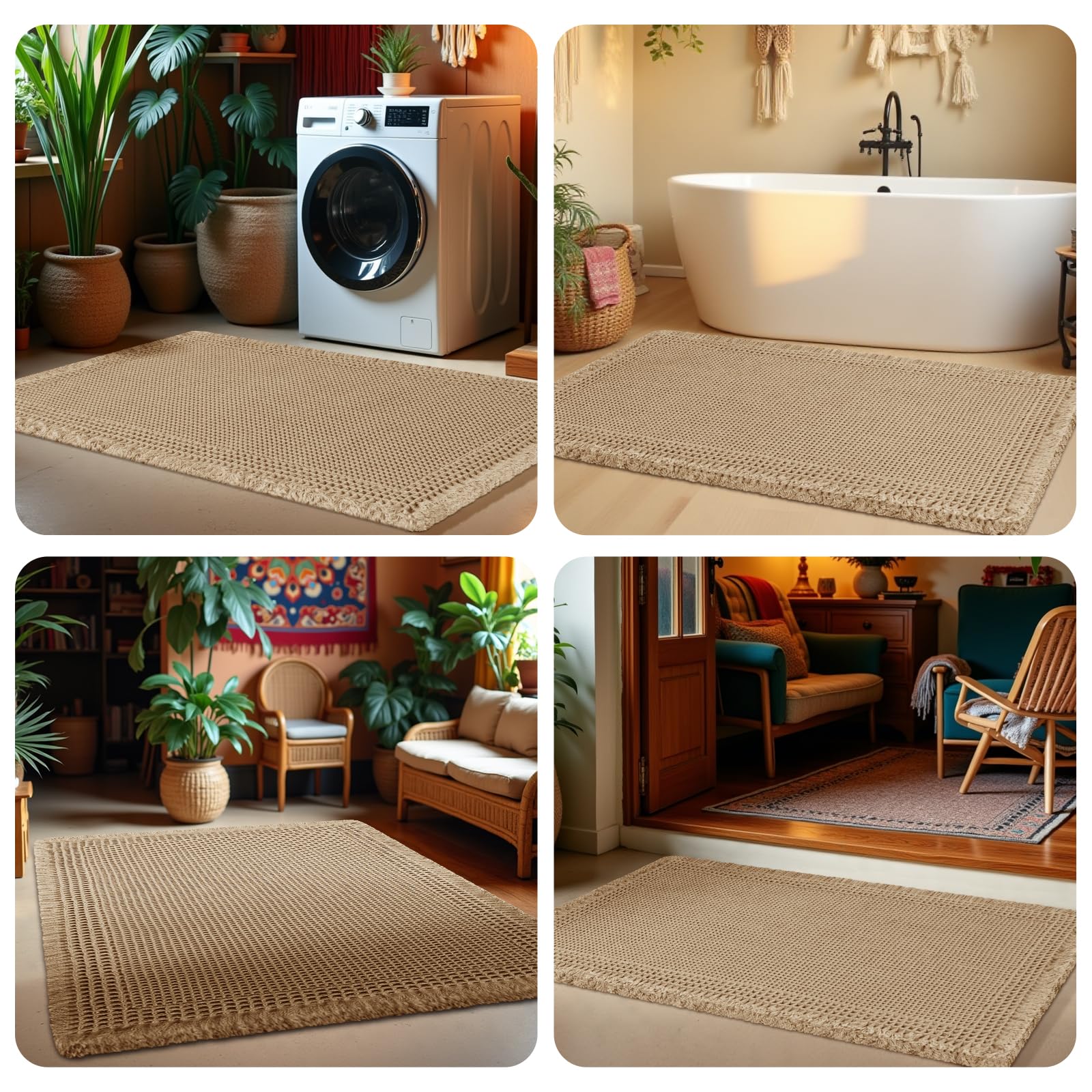 Upgrade Waffle Bath Mat, Boho Bathroom Rugs Absorbent Non Slip, Ultra Soft Bathroom Mat, Machine Washable Knit Bath Rugs with Border for Bathroom, Bedroom, Kitchen, Shower, Tub, 36"x24", Beige