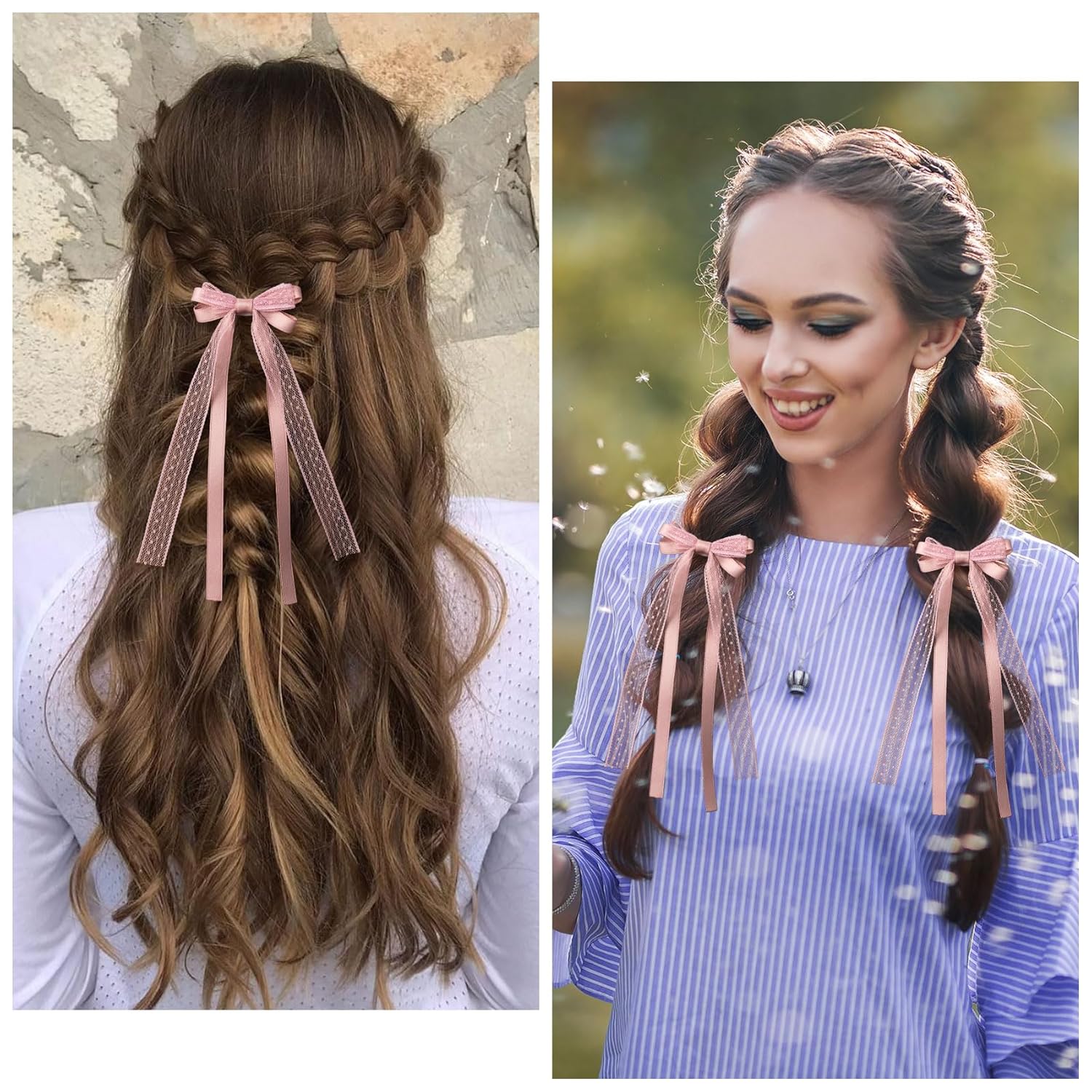 Skiennix Pink Lace Hair Bows - Cute Coquette Bow Clips with Long Tail Ribbons for Women | Perfect for Weddings & Events