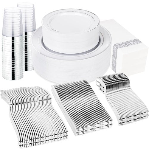 Supernal 400pcs Silver Plastic Dinnerware Set Heavy Duty Disposable Plates Include Silver Plastic Dessert Plates,50 Spoons & Knives & Cups & Napkins & 100 Forks,Prfect For Party and Wedding