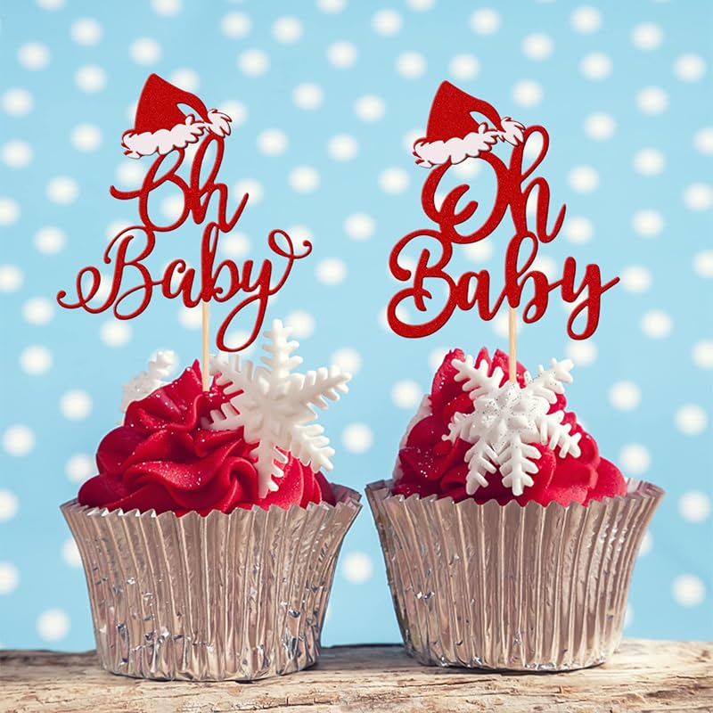 Oh Baby Cupcake Toppers 24 Pcs Red Glitter Santa Hat - Design 6 for Merry Christmas Baby Shower