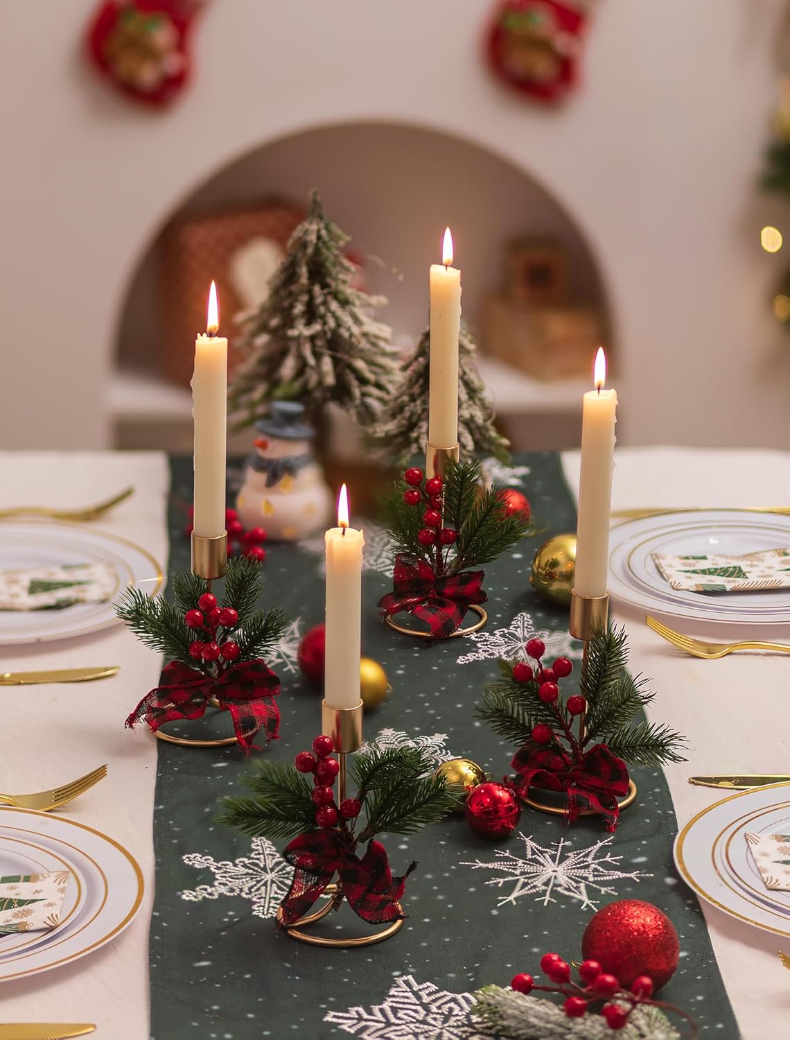 Romadedi Candle Holders - Gold Taper Candlestick Holders with Red Berry Decor | Set of 2 for Festive Christmas Centerpieces