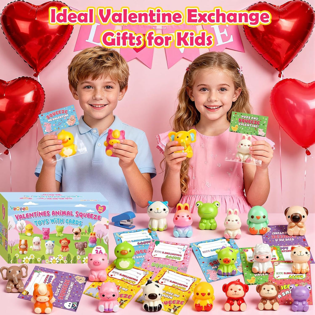Valentines Day Cards for Kids School, 24 Pack Valentines Day Gifts for Kids, Valentines Cards with Animal Squishy Toys, Valentines Party Favors, Classroom Exchange Prizes for Boys Girls (Style 2)