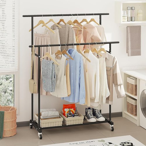 Calmootey Double Rod Clothing Rack - Portable Rolling Garment Organizer for Bedroom & Living Room - Black
