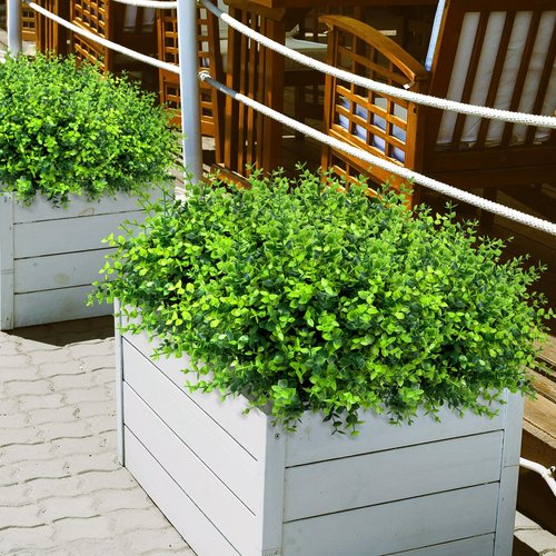 24 Bundles Greenery Artificial Plants Outdoors, Eucalyptus Stems UV Resistant Fake Foliage Plants Faux Boxwood Shrubs Indoor Decorations Artificial Flowers for Garden Pot Porch Fence Hanging Planter