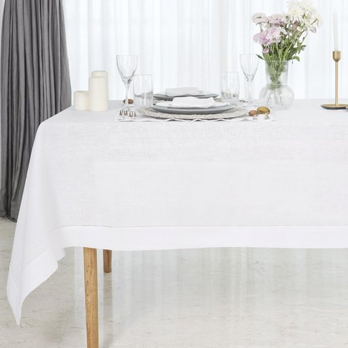 D'Moksha Homes White Linen Tablecloth for Rectangle Tables 60 x 102 Inch - Classic Hemstitch 100% Pure Linen White Table Cloth - Machine Washable Dining Tablecloth for Mothers Day, Spring, Easter
