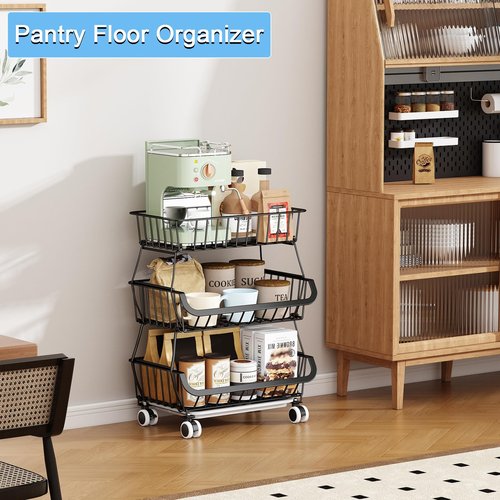 3-Tier Rolling Pantry Floor Organizer, Stackable Pantry Storage Cart with Wheels, Metal Wire Pantry Baskets, Kitchen Fruit Basket Stand, Vegetable Storage Rack for Fruits Snacks Onions Potatoes,1 Pack