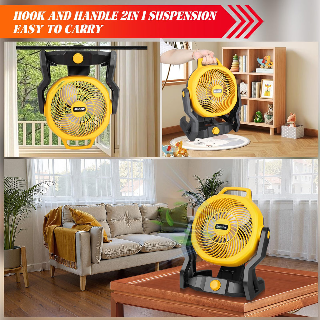 Moutec Battery Powered Fan, Cordless Jobsite Fan Compatible with DeWalt 20V & AC (adapter included). 650 CFM variable speed — for workshop, outdoor, camping. (Battery Not Included)