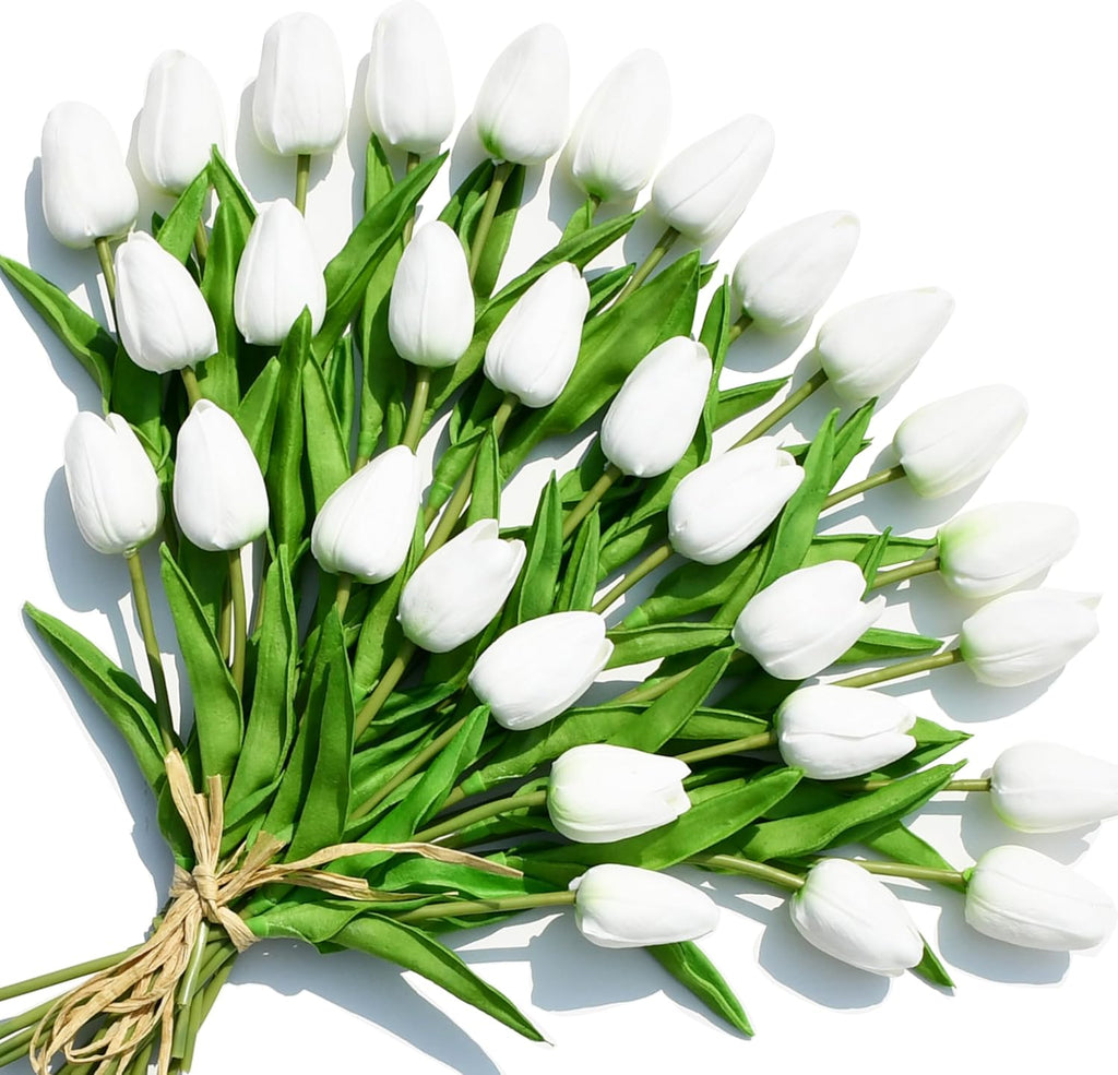 ONLY ART Artificial White Tulips - 28 Pcs 13.5 Inch PU Faux Flowers for Home Décor & Weddings