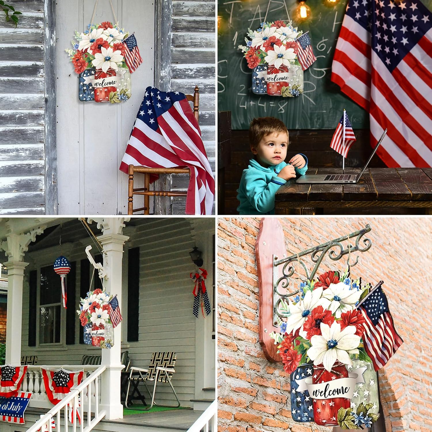 Spiareal Patriotic Wooden Door Decoration - 4th of July Welcome Sign in Red, White & Blue
