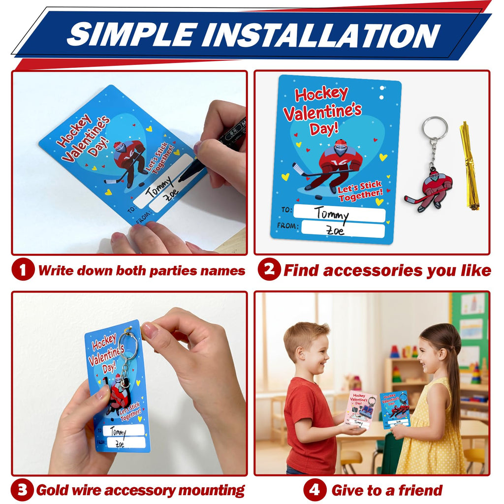 PINGAMOO Hockey Valentines Day Cards, 32PCS Valentine Cards with 32PCS Hockey Keychains, Boys Valentine's Card for Classroom School Party Favors Valentines Exchange